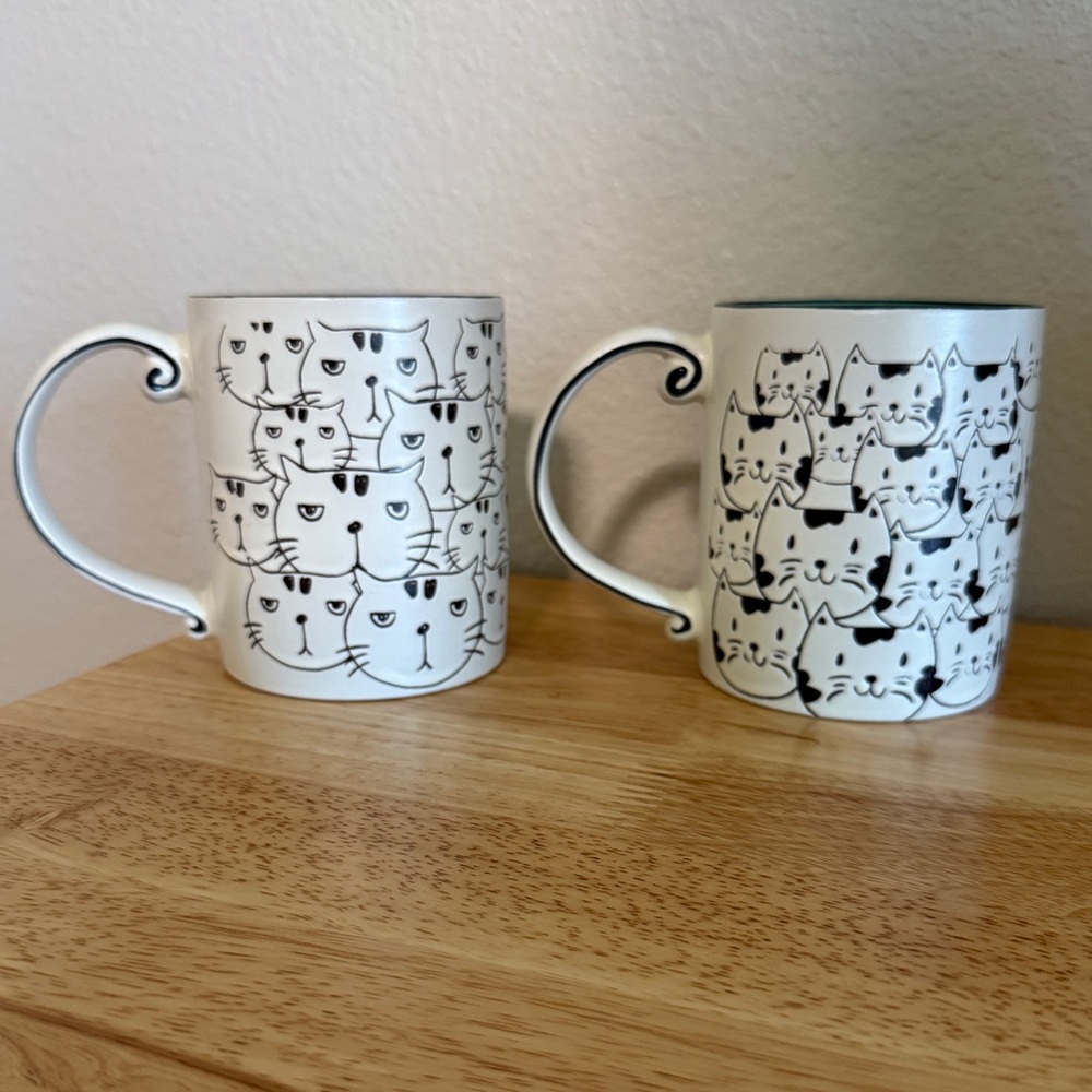 HAPPY Cat Face MAD Cat Face Ceramic Cups Two Whimsical Cat Mugs - Picture 4 of 6
